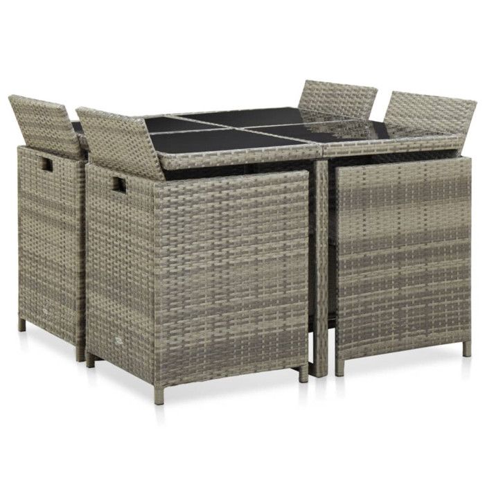 Mobilier à dîner de jardin - VIDAXL - 9 pièces - Résine tressée grise - Coussins amovibles - Contemporain