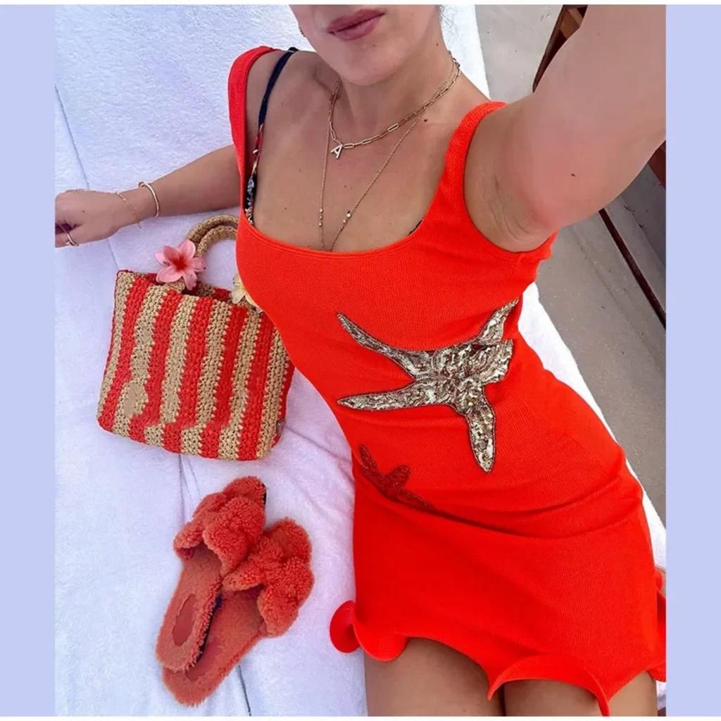 Mini rochie tricotată cu tiv cu stele, paiete elegante, rochii subțiri pentru femei cu talie înaltă, rochii de plajă pentru femei