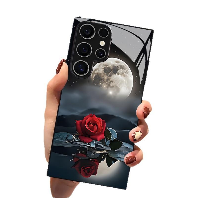Moon Night Red Rose Pattern Glass Phone Case Suitable for Samsung Galaxy S26 S25 S24 S22 S21 S20 FE/Ultra/Plus Anti Drop