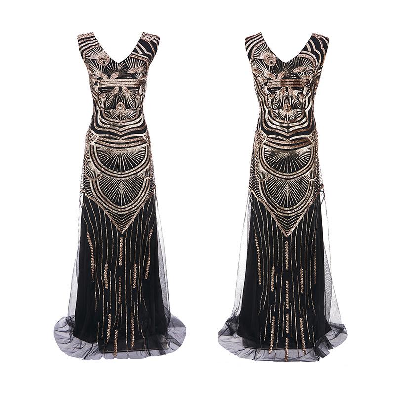 Popular retro dress bridesmaid beaded mesh sequined evening dress European and American wedding dress long dress