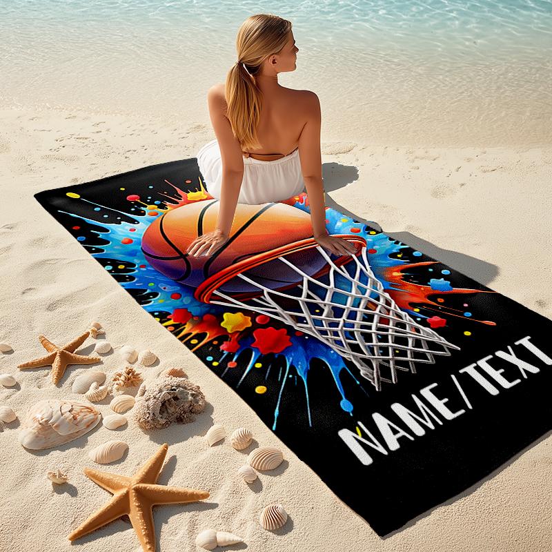 1PC Custom Name "Colorful Basketball Splash Art" Beach Towel Highly Absorbent And Sand-Resistant Towel for Swimming, Pool, Yoga, And Travel Lightweigh