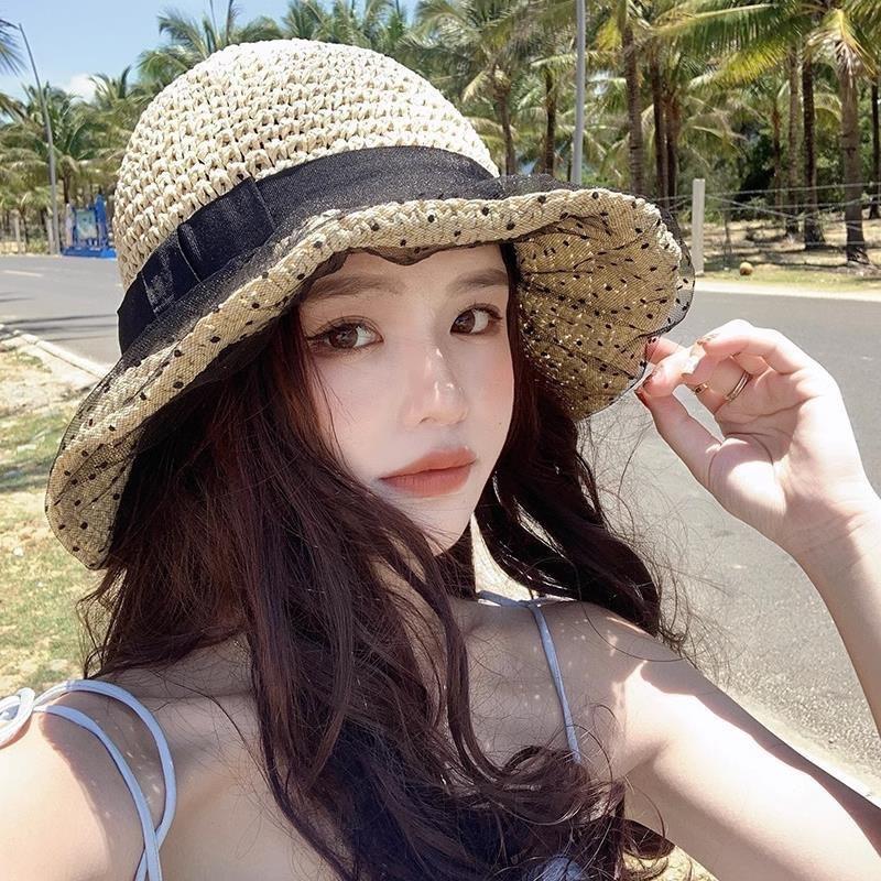 Lace Straw Sun Hat Children's Large Brim Summer Breathable Straw Hat Seaside Full Face Shading Sun Protection Hat Tide