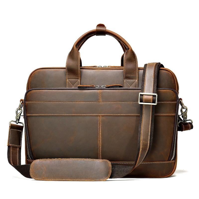 Real Cowhide Crazy Horse Leather Briefcase Men s Genuine Laptop Bag Retro Casual Top Layer Crossbody