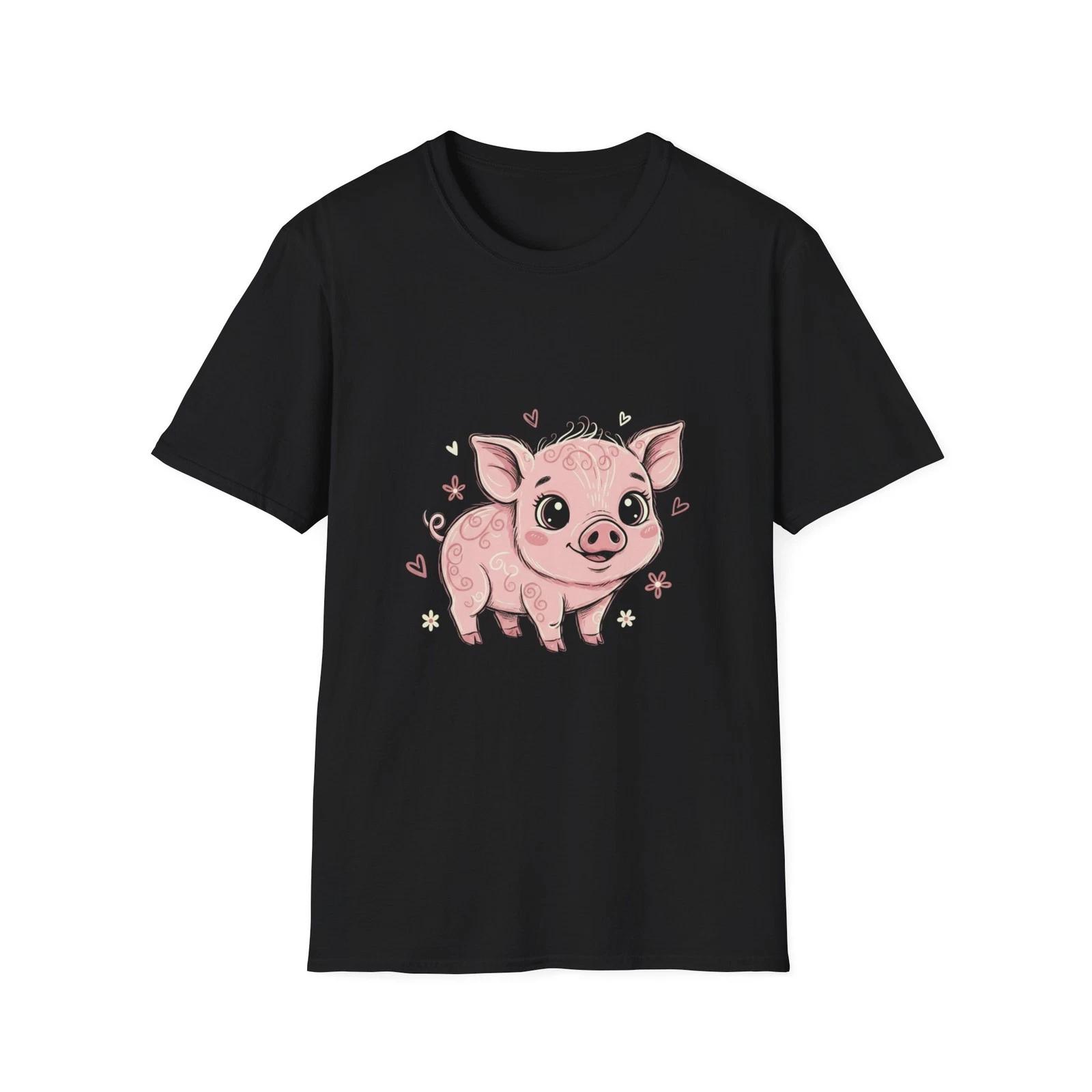 Pig Cute Kawaii Heart Floral Black Tee Cartoon Animal Graphic T-Shirt 2XL