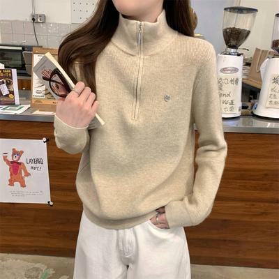 Autumn and Winter New Semi-zipper Stand-up Neck Sweater Knitted Sweater Loose and Versatile Andy Fleece Long-sleeved Top Women