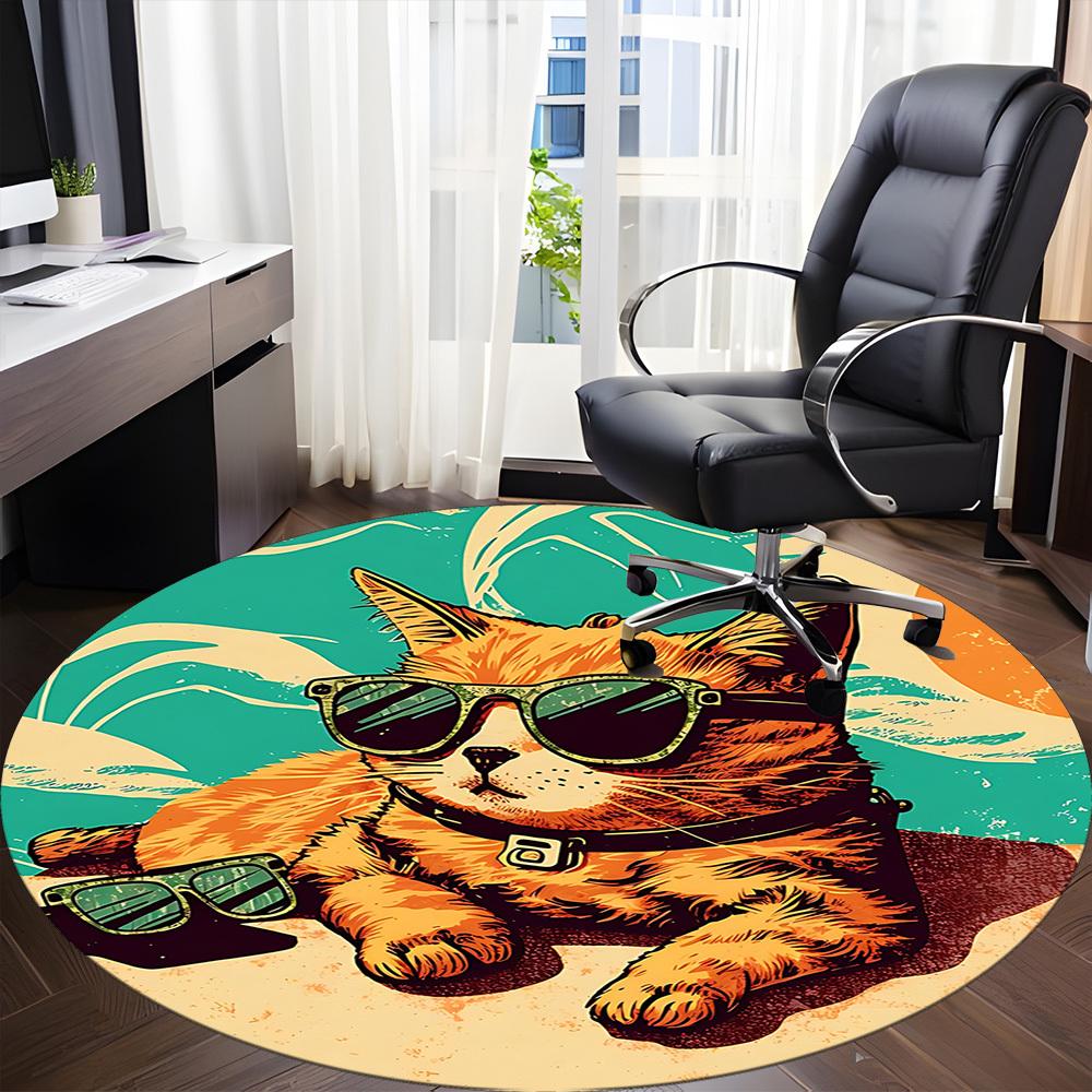 1pc Sunglasses Beach Cat Office Round Area Rug, Under Office Chairs Bedroom Living Room Home Decor, Room Deco