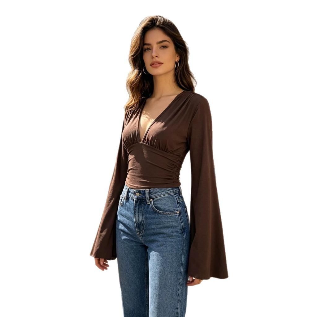 V-neck pleated top women's long-sleeved big horn sleeves European and American retro babes commuting slim-fitting and thin short bottoming shirt