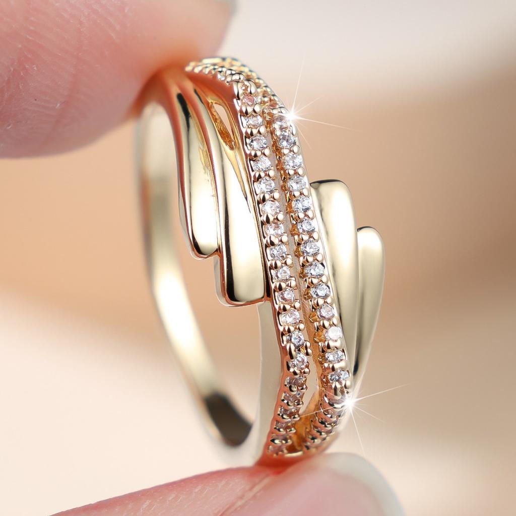 Light Luxury Double-layer Cross-row Diamond Ring Korean-style Minimalist Open Ring with Delicate Cubic Zirconia Accents