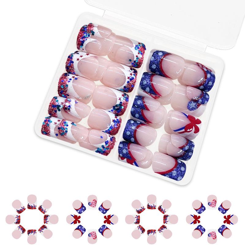 

French Independence Day Star & Stripes Press-On Nails Set - 48 Glitter Glossy Pieces