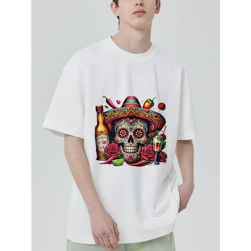 Mexikanischer Tag der Toten Schädel T-Shirt Schwarz Bunter Zuckerschädel mit Sombrero Rosen Chilischoten Tequilaflasche und Cocktail-Aufdruck für Party Festival