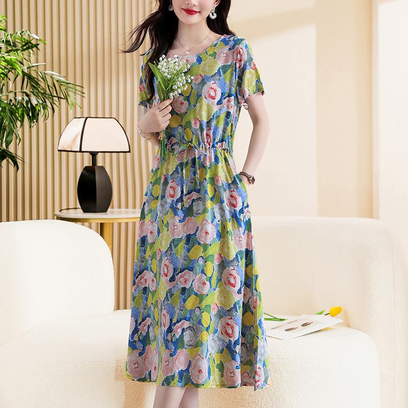 Elegante frauen Sommer Kleid Neue Beiläufige Dünne Kurzarm Lange Kleid Koreanischen Stil Schlank Vintage Kleidung