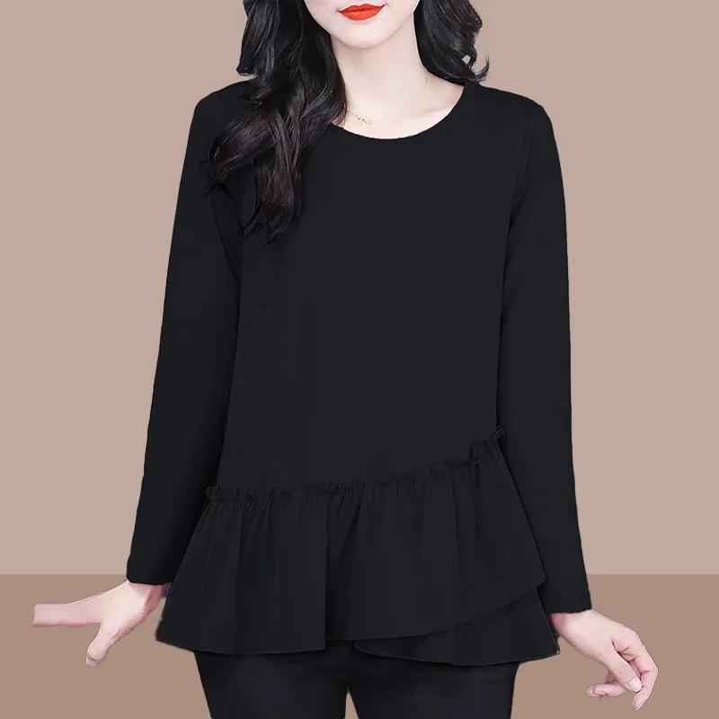 

Loose Women s Patchwork Pullover Style T-shirt Loose Fashionable Solid Color Temperament Slim Round Neck Top L чорний