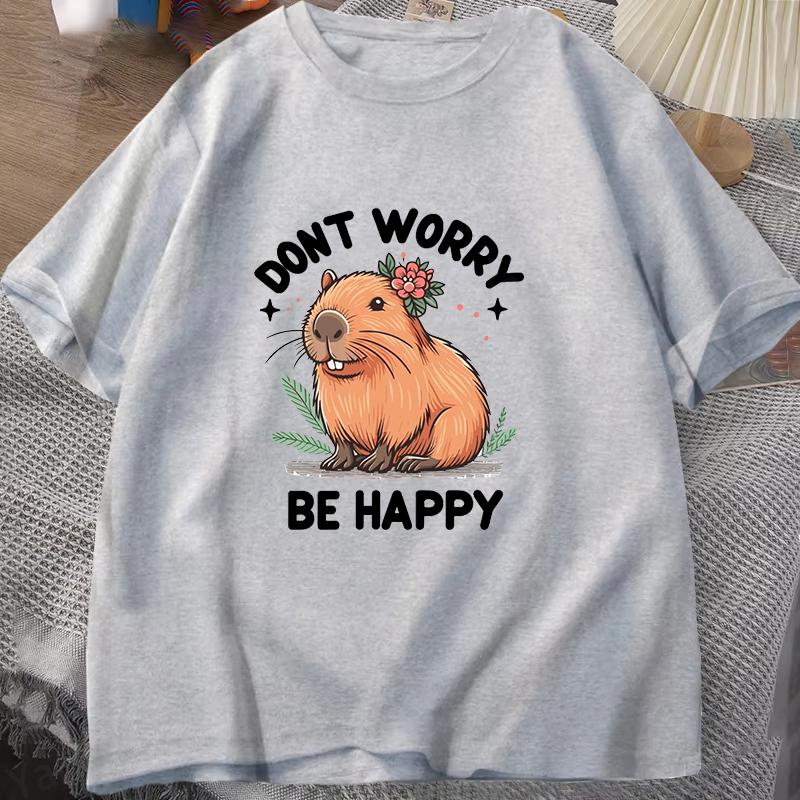 Funny Cartoon Dolphin Print T-Shirt Men Women Loose Short Sleeve Round Neck Top Dont Worry Be Happy Letter Pattern S