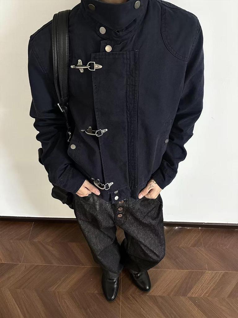 EME Retro Distressed Patchwork Airplane Buckle Jacket Unisex Short Coat
