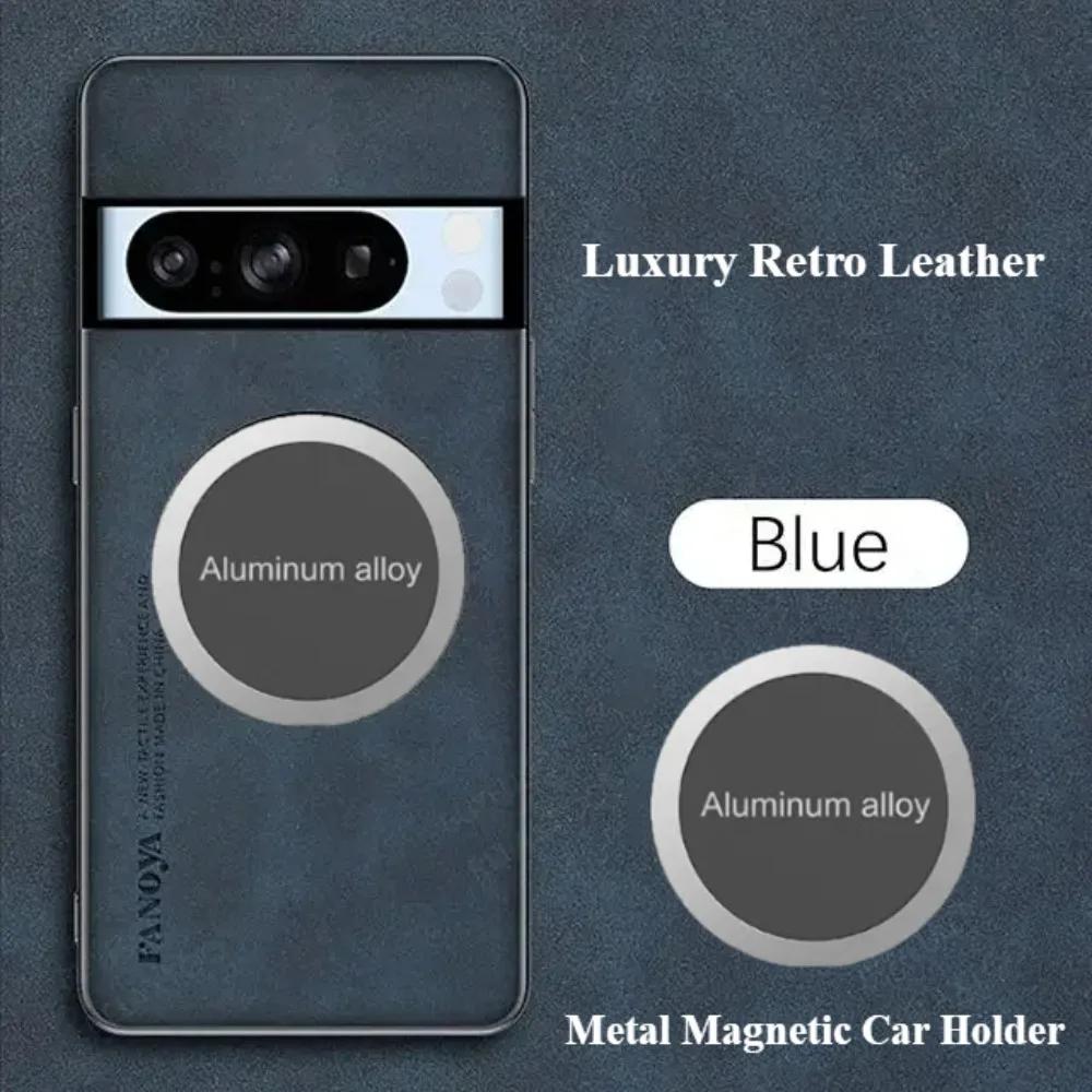 Business Retro Matte Lambskin Leather Case For Google Pixel 10 9 8 7 6 A Pro XL Metal Magnetic Car Holder TPU Soft Protect Cover