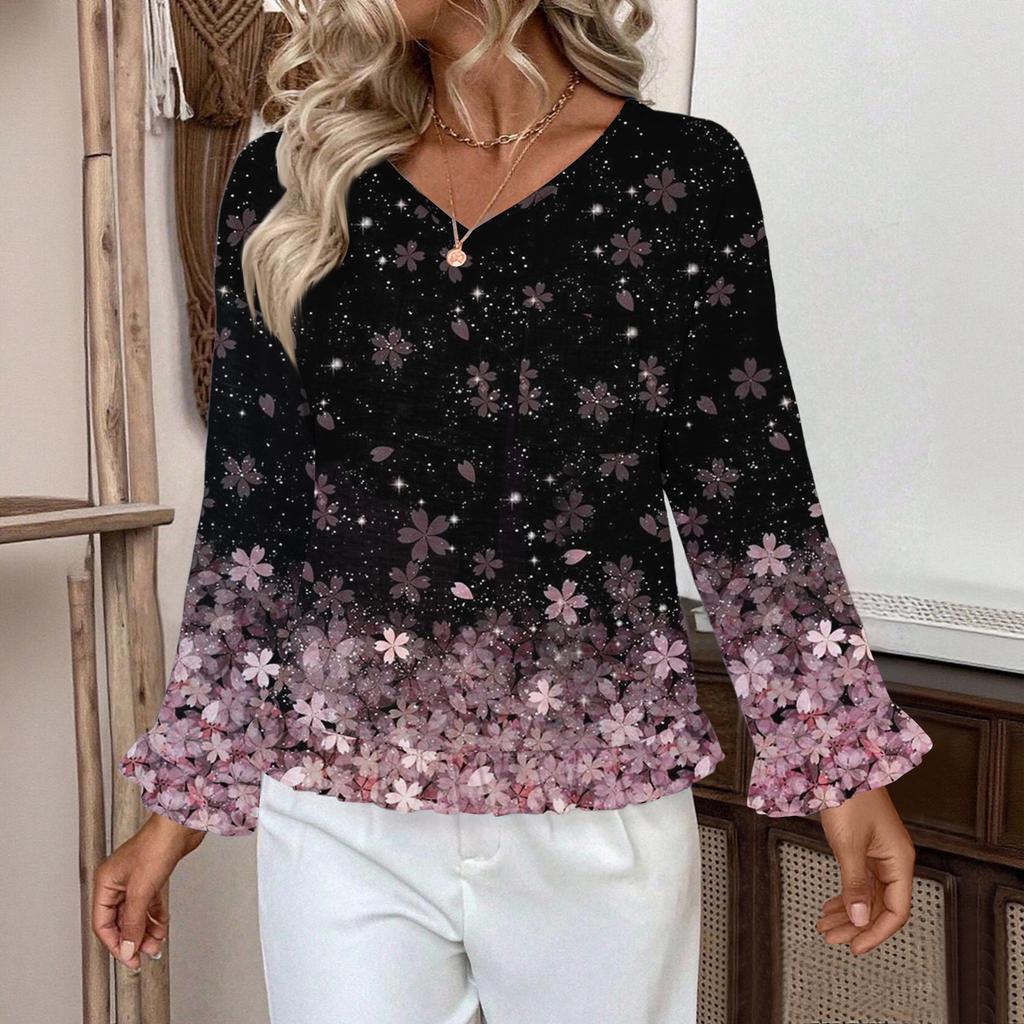 Dámský ležérní módní top s volánky, výstřihem do V, potiskem a dlouhým rukávem