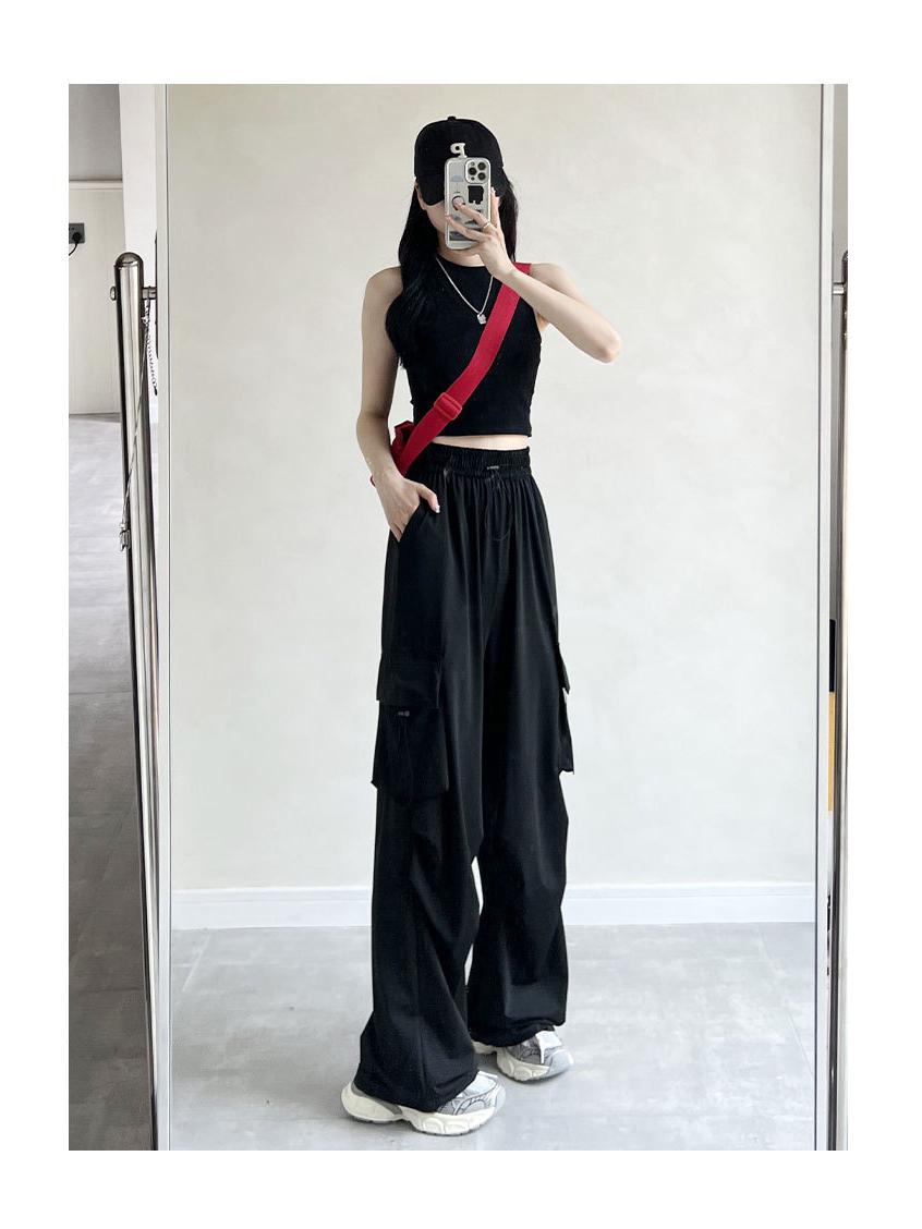 

Женские серые брюки карго парашюты с высокой посадкой - Повседневная одежда в американском спортивном стиле с широкими штанинами для весны, лета и осени 2025 L чёрный