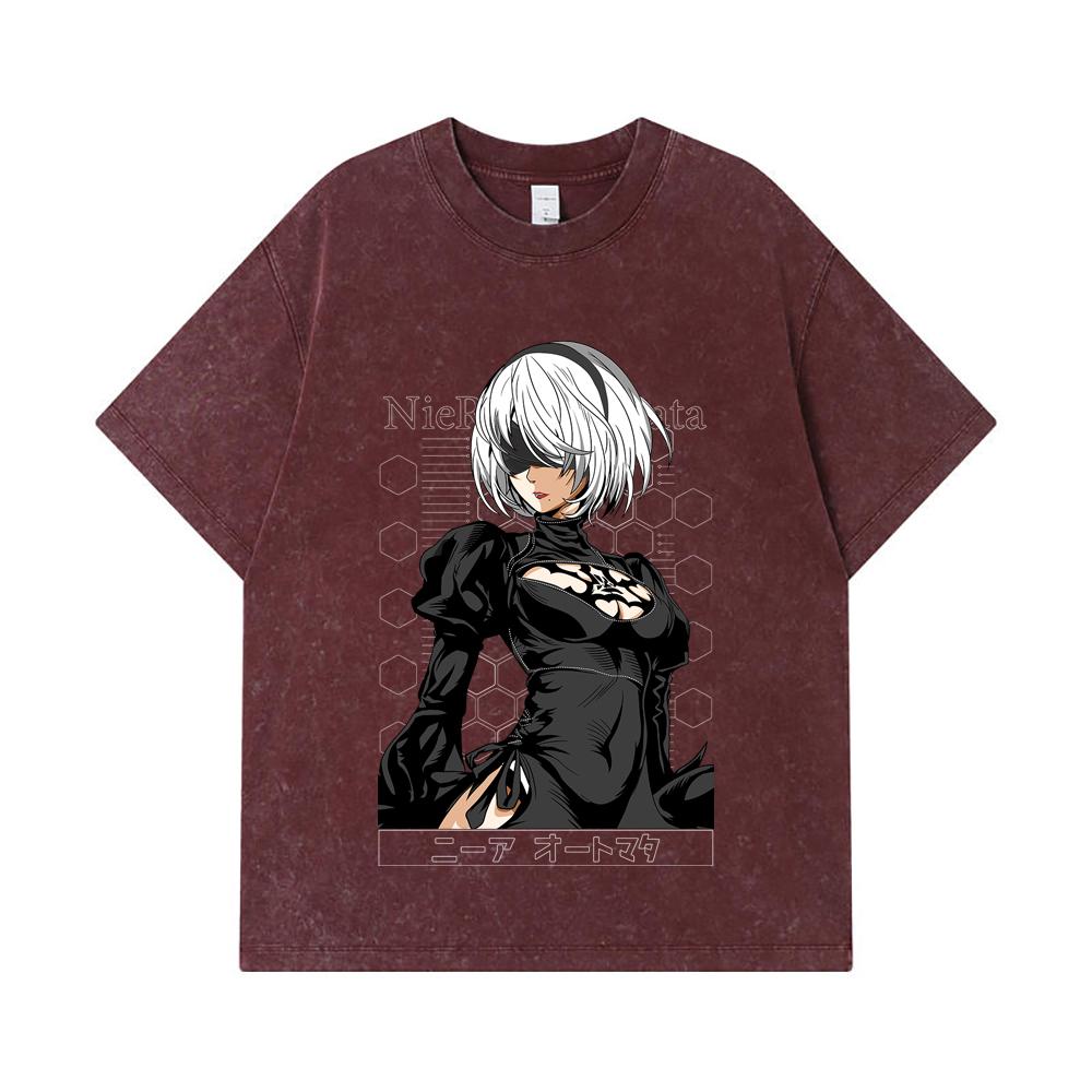 275 GSM Washed T-shirts 100% Cotton NieR Automata V2 2B Print Unisex Heavy Cotton T Shirt