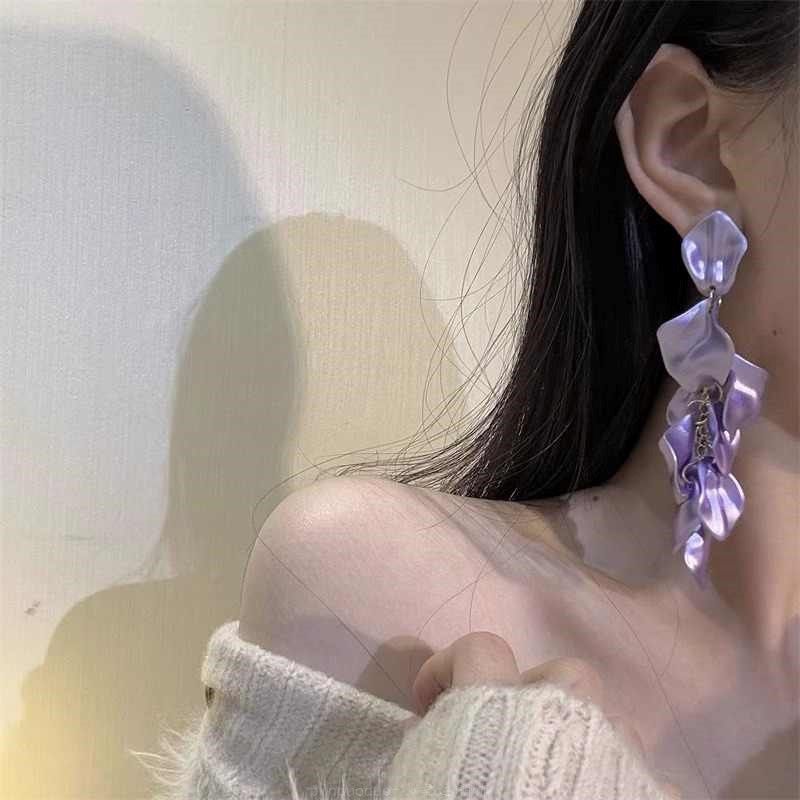 Super fairy purple rose petal earrings niche light luxury exaggerated temperament earrings fashion high sense earrings women