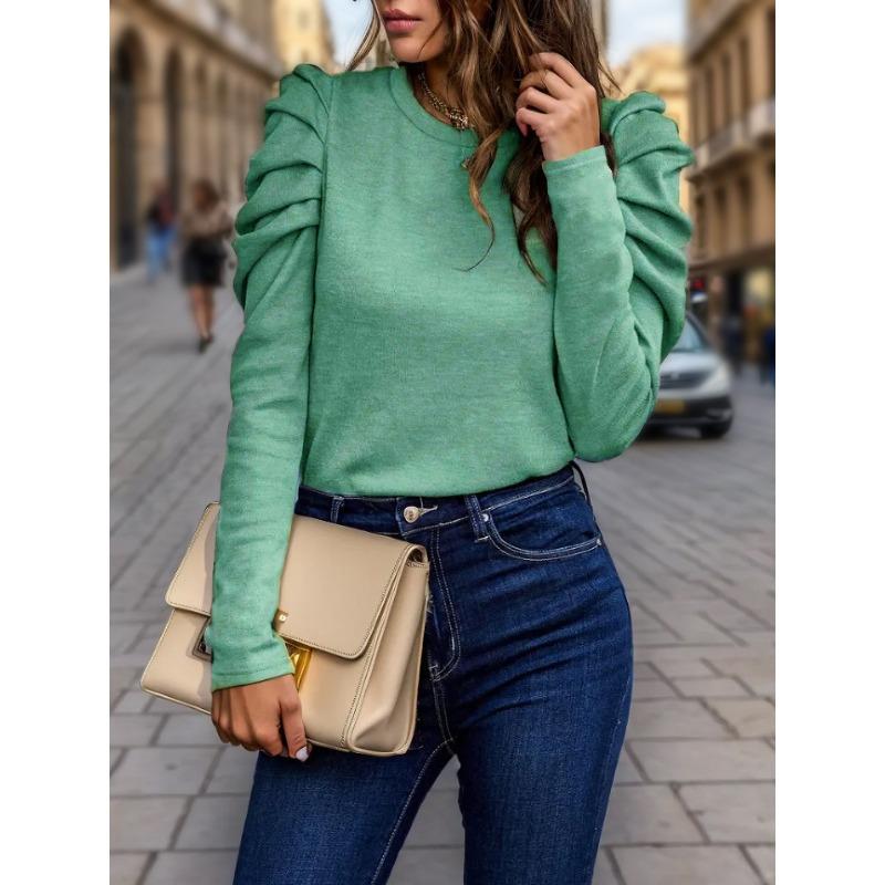 Women S Long Sleeve Puff Sleeve Crew Neck Solid Color Casual T Shirt
