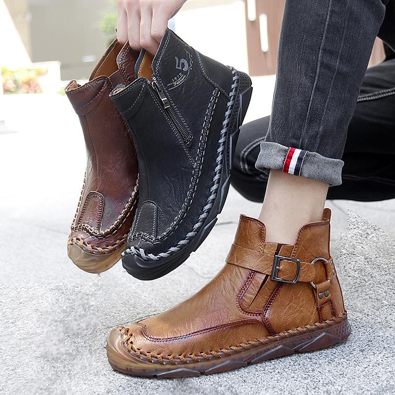 TUINANLE Hand-stitching Leather Men Boots Casual Leather Shoes Men Ankle Boots Zipper Shoes