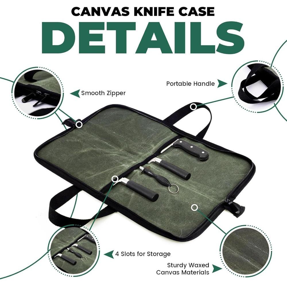 

Waxed Canvas Chef Knife Bag 4 Slots Portable Knife Case Chef Tool Storage Bag for Home Cooks зелений