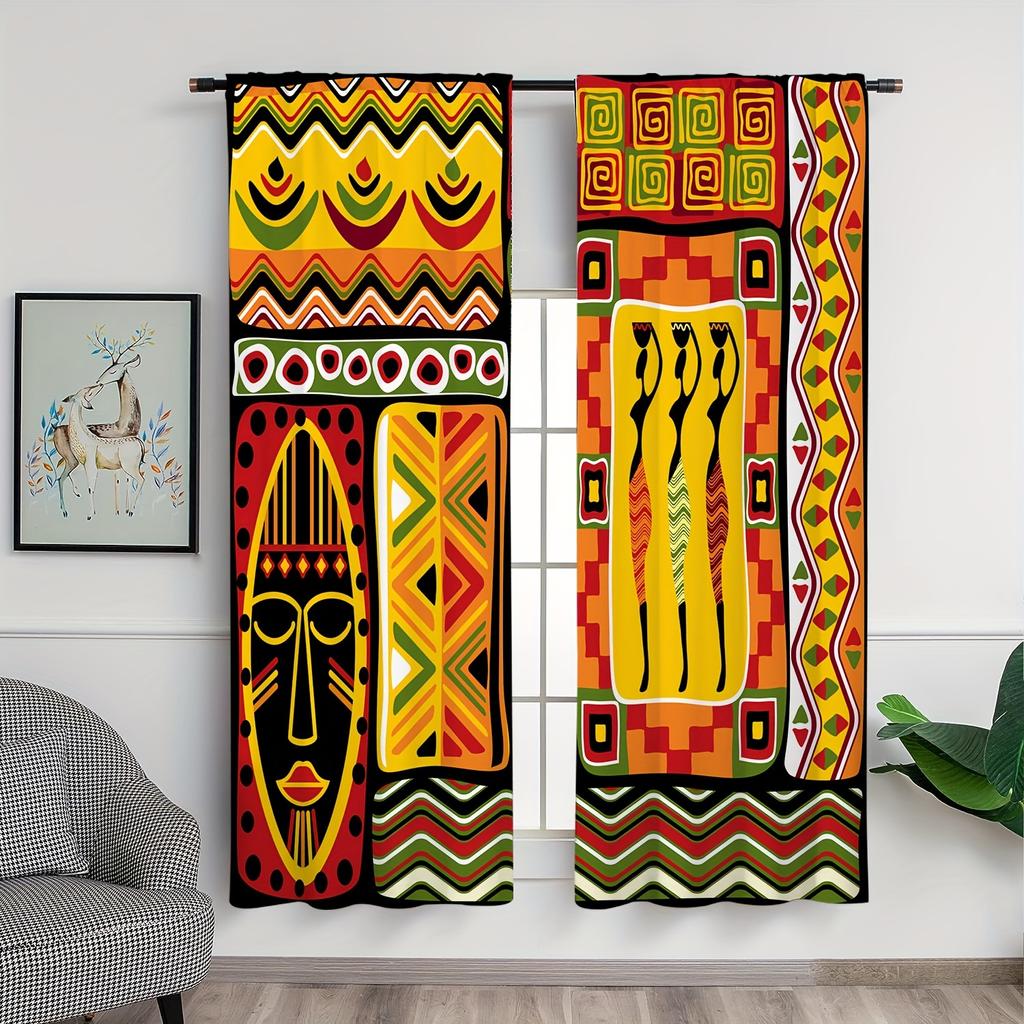 2 Stück Afrikanisches Muster Ethnisch Antik Vorhang Bunt Stammesgeschichte Druck Stangentaschenvorhänge Halbverdunkelungsvorhänge Für Schlafzimmer