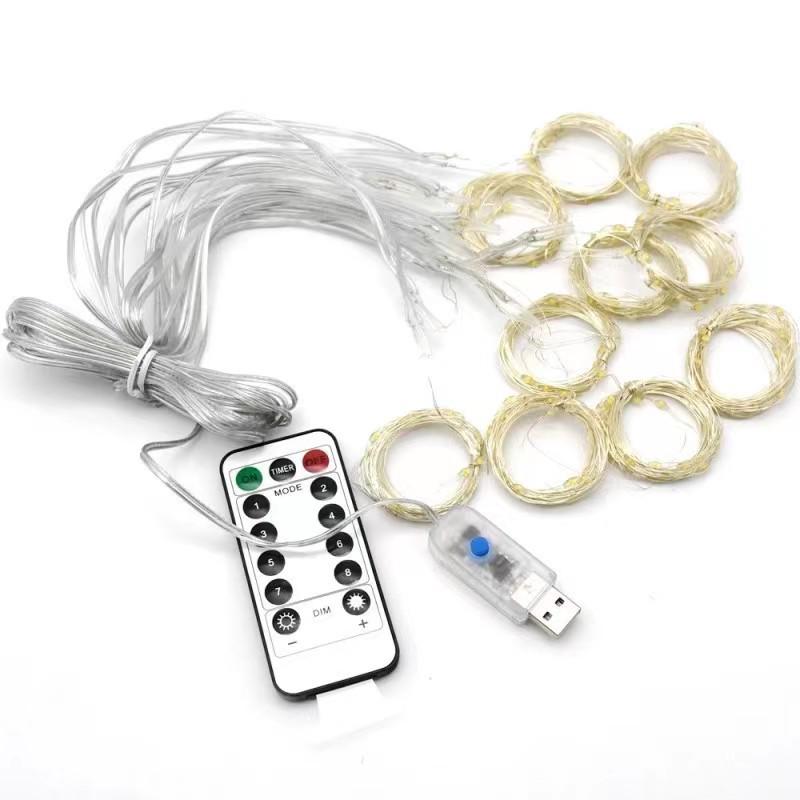 LED სპილენძის მავთულის ფარდის შუქი USB დისტანციური მართვის საშუალებით საშობაო ფარნის დეკორაციისა და ატმოსფერული განათებისთვის