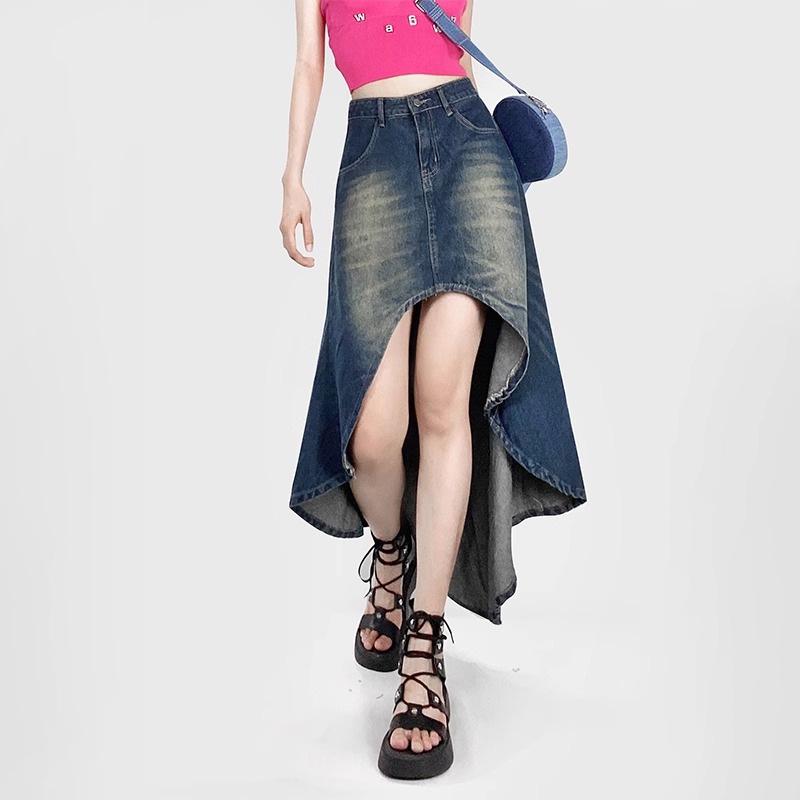 

Трендовая джинсовая миди-юбка с завышенной талией и эффектом потертости для женщин Large