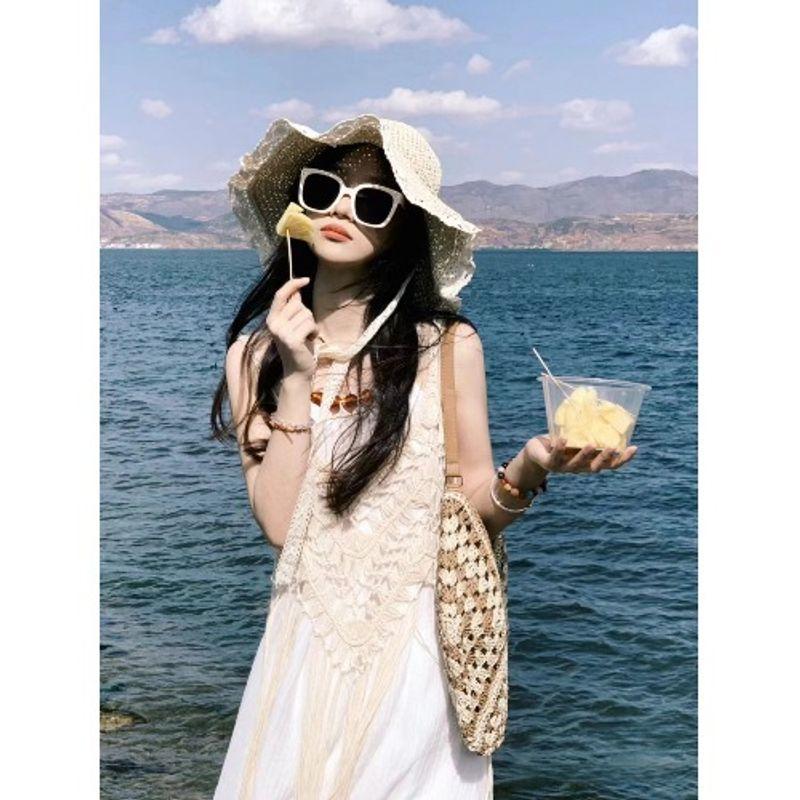 

Kumikumi Пляжный стиль для отдыха Вязаный ажурный туника с кисточками Женский летний бисерный сарафан на бретелях Комплект из двух предметов Apricot Blouse One size