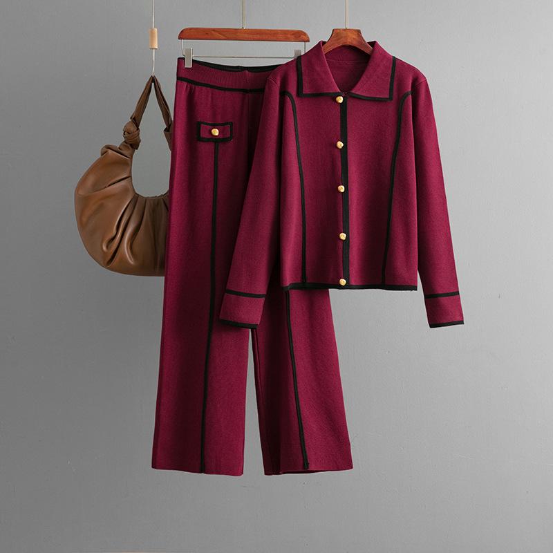 Autumn Winter Knitted Fashion Set Women's Casual Polo Collar Sweater Wide Leg Pants Two Piece Set