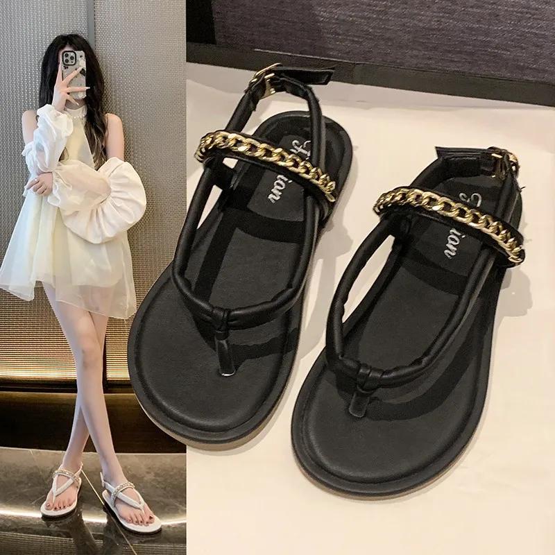 Fashion 2024 Shoes Woman  Trend Ladies Shoes New Fashion Metal Chain Women's Slippers Summer Flat Casual Beach Flip Flops  Women