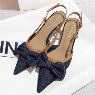 New Bow Pointed Toe Heeled Sandals Women's Mid Heels Mules Shoes Elegant Party Slippers Sexy Pumps Cowboy Ladies Shoes