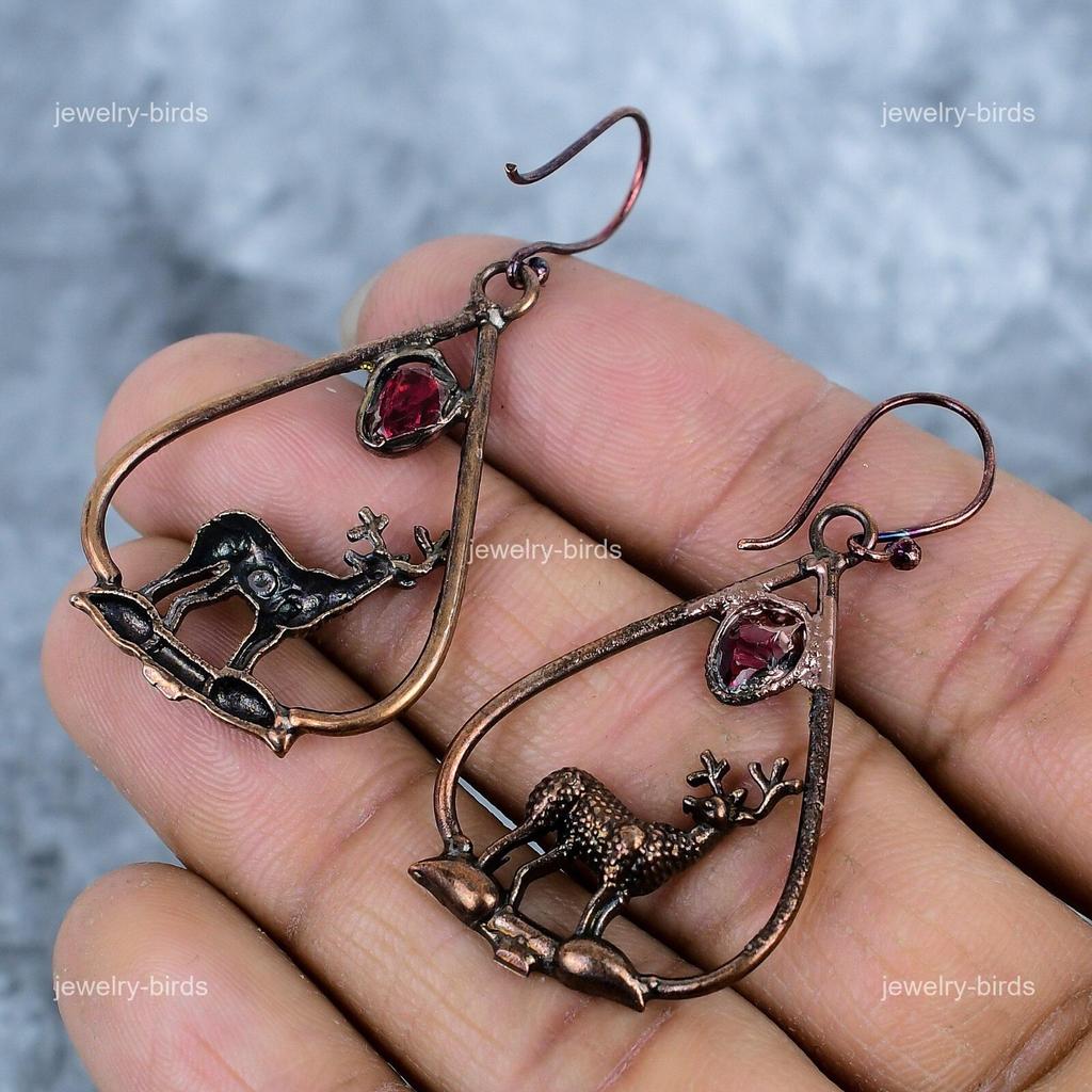 Oval Ruby Stone Birthday Gift Dangling Electroformed Engagement Earrings Copper VP-82