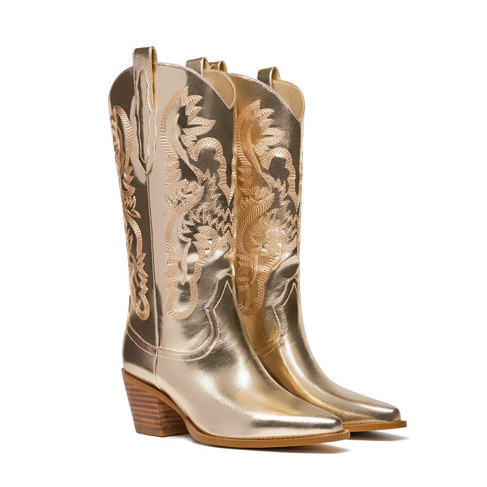 Cowboy Western Boots Embroidery Theme Party Shoe Wide Calf Comfy Shiny Finish for Houston Rodeo Sparkly Gold Chunky Stacked Heel