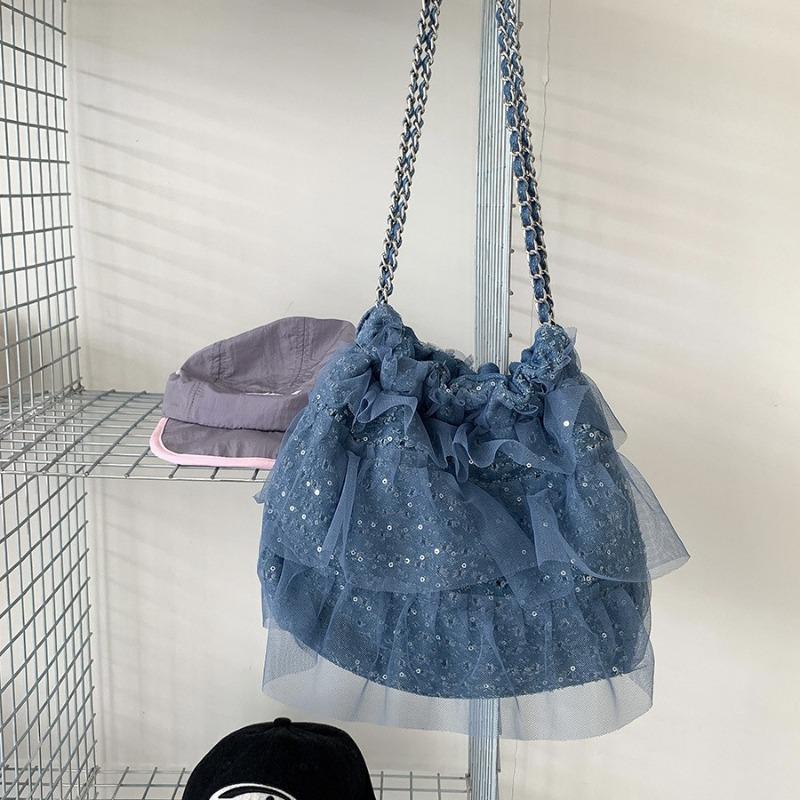 Folded Bucket Mesh Bag Summer Women's Sequined Shoulder Bag Sweet Niche Design Ruffle Edge Chain Bag
