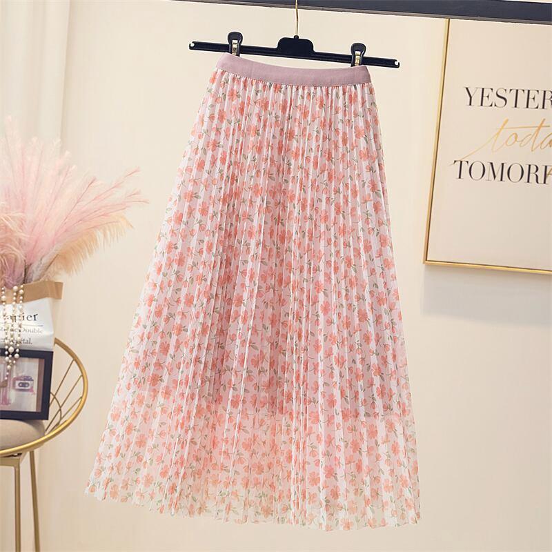 

Юбка-плиссе с цветочным принтом для женщин, летняя новая юбка-трапеция с высокой талией, юбка из пряжи с принтом S