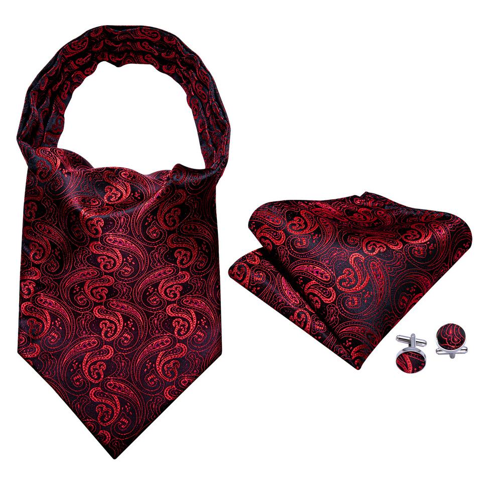 Luxury Mens Paisley Ascot Red Black Cravat Tie Hanky Cufflinks for Wedding Dating Set Barry.Wang