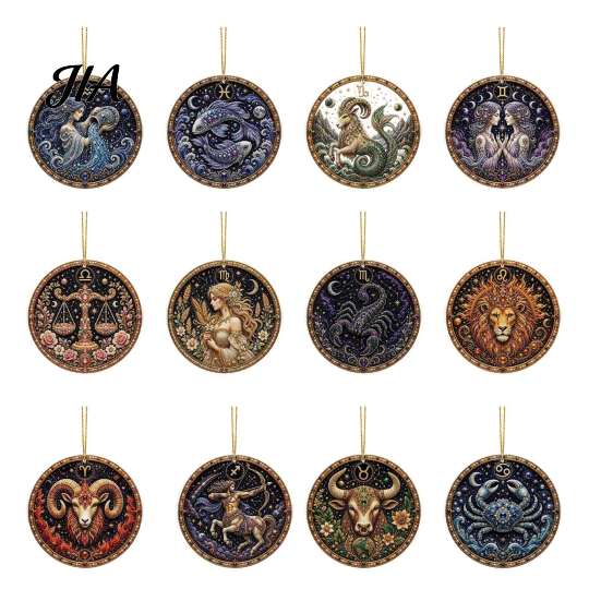 Hanging Home Ornament 2D Flat Pearl Painting Ornament, Double Sided Zodiac Theme Gem Decorative Pendant Art Craft, Rhinestone Beads Pattern