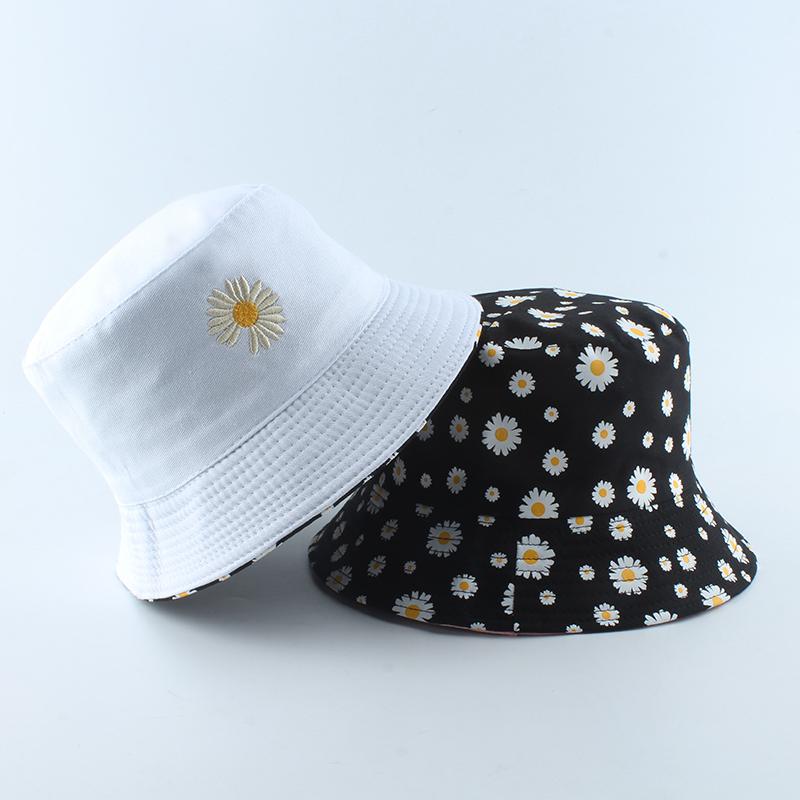 Sommer-Gänseblümchen Eimerhut Damen Mode Baumwolle Strand Sonnenhüte Wende Bob chapeau Femme Blumenhut Fischerhut