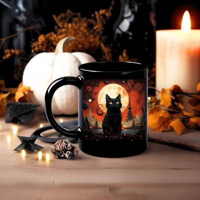 Personalized Black Cat Mug Ceramic Coffee Mug Double-Sided Printing Tea Cup Halloween Novelty Drinkware for Cat Lovers
