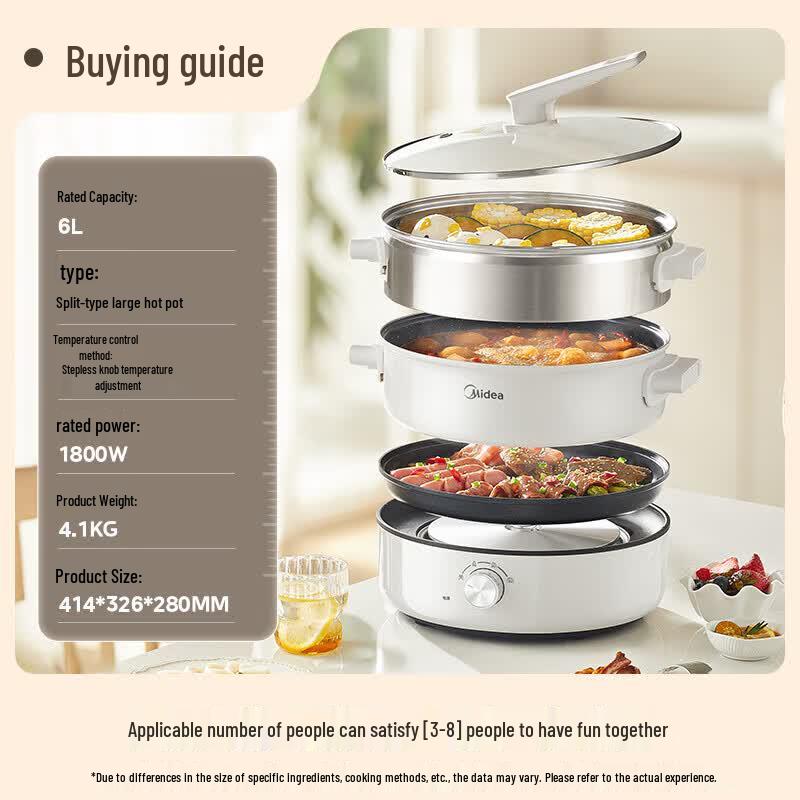 Midea 6L Multi-function Electric Hot Pot with Grill & Steamer CN plug (adapter included)