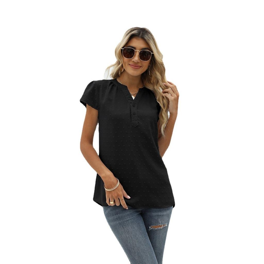 Summer Women's Solid Textured Chiffon Blouse, Loose V-Neck Pullover Short Sleeve Top, European & American Style Casual Top