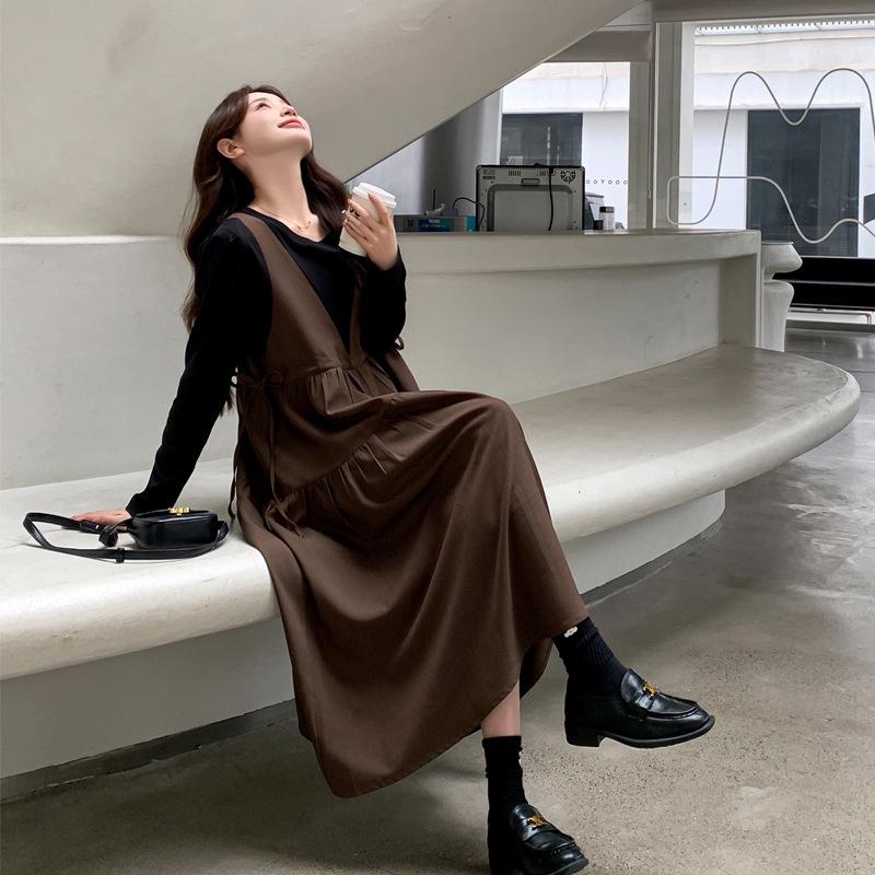 Khaki Faux Two-Piece Spliced A-Line Dress - Women's Mid-Length Spring 2025 French Sweet Style Pinafore Dress