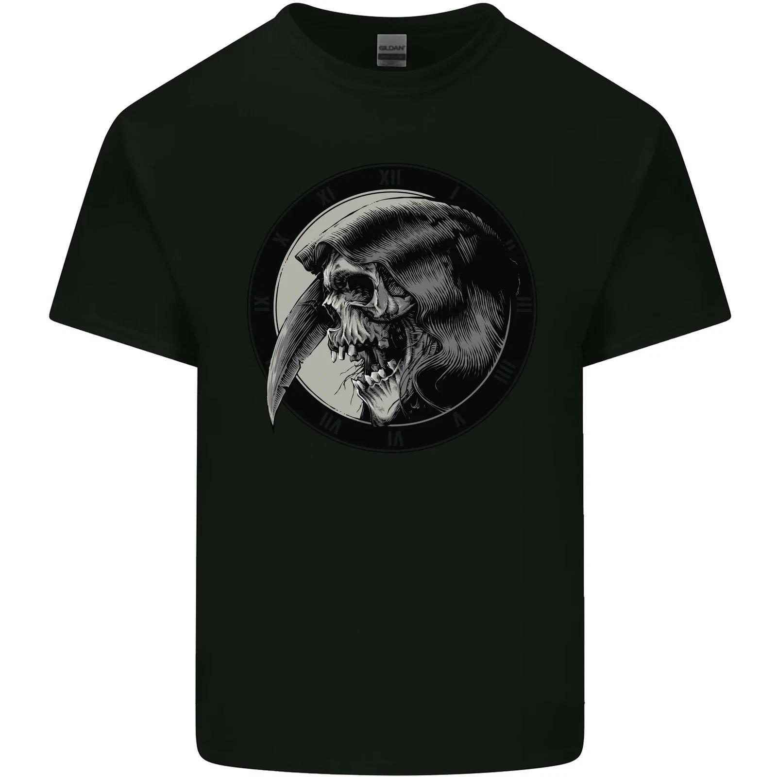 Grim Reaper Clock Skull Biker Gothic Demon Kids T-Shirt Childrens L