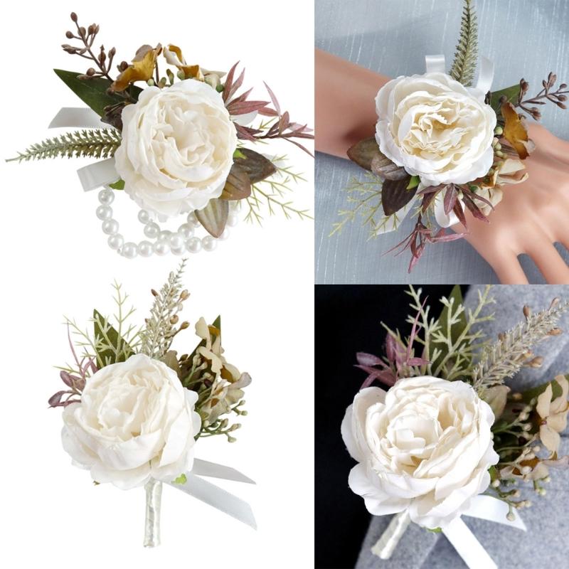 Romantics Champagne Wrist Corsage and Boutonniere Artificial Flower Set for Wedding Ceremonies Bridal Shower Flower