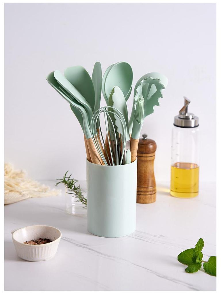 12-Piece Non-Stick Silicone Kitchen Utensil Set with Wooden Handles - High-Temperature Resistant Spoons and Spatulas