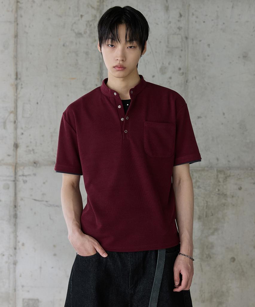 P.IN.O Layered Henley Neck Short Sleeve T-Shirt - Burgundy