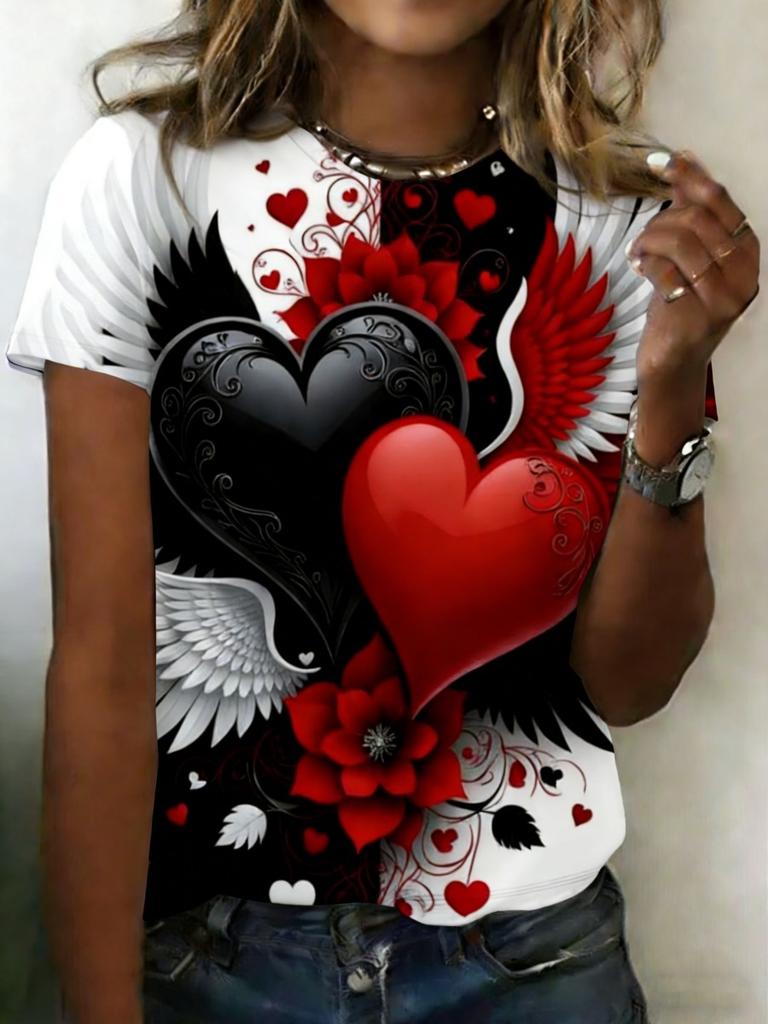 Summer Fashion Leopard Heart 3D Print T-Shirts Women's Round Neck Short Sleeve T Shirt Tees Harajuku Y2K Tops Female Clothing