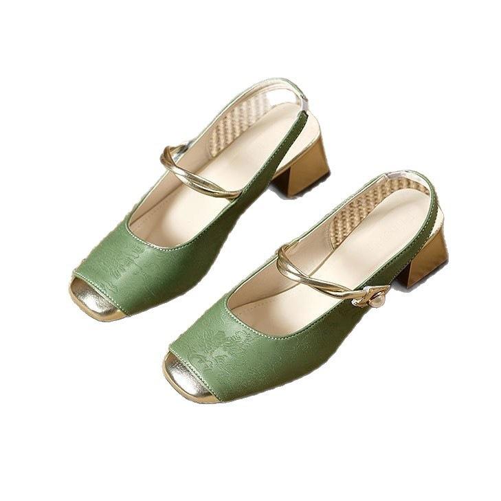 New Chinese style sandals new square head bag head sandals retro thick heel high heels empty